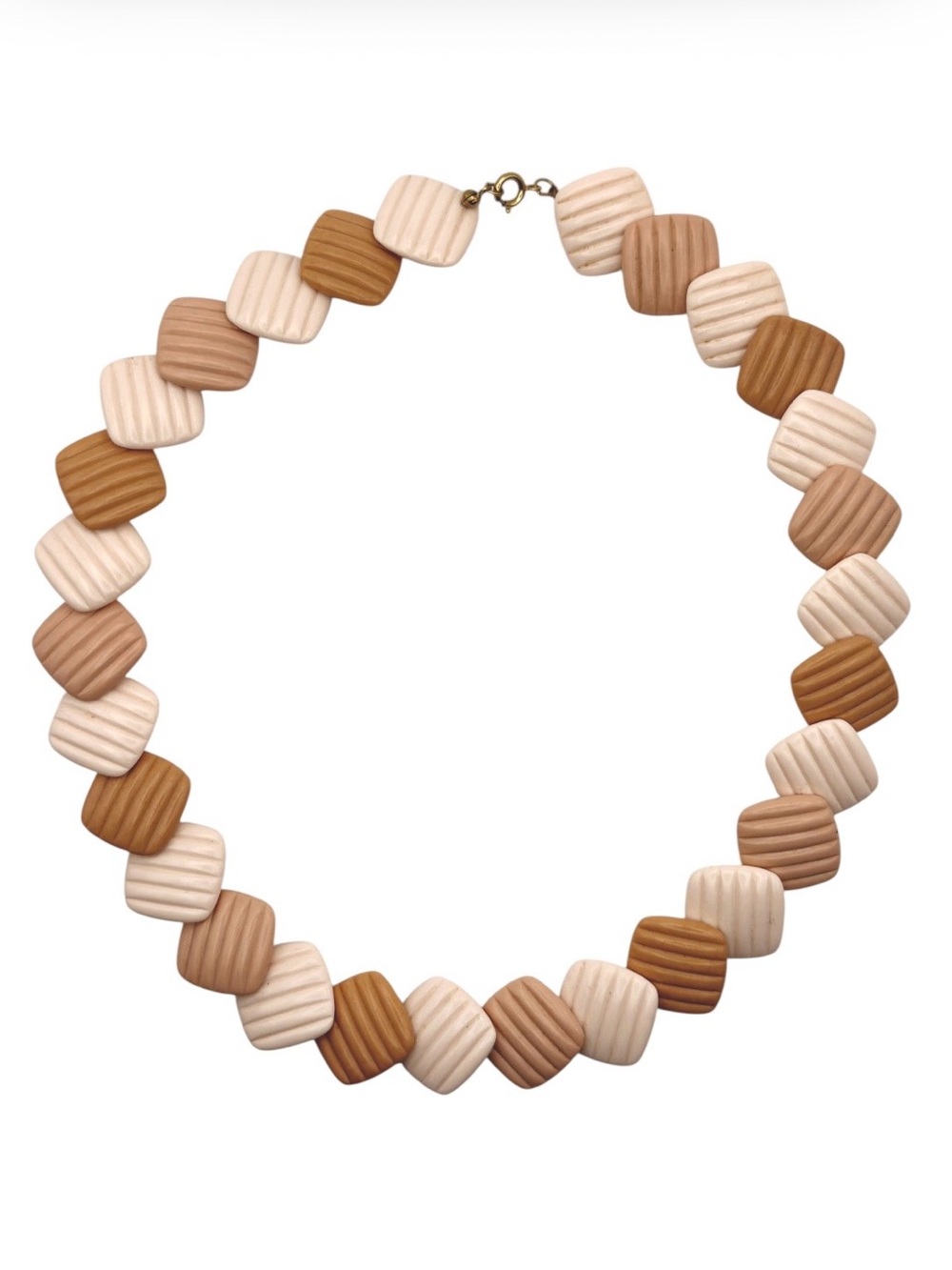 Retro Ribbed Square Bead Necklace Cream Tan Brown Geometric Statement